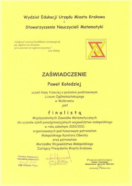 Miedzyszkolne Zawody Matematyczne Kolodziej Pawel